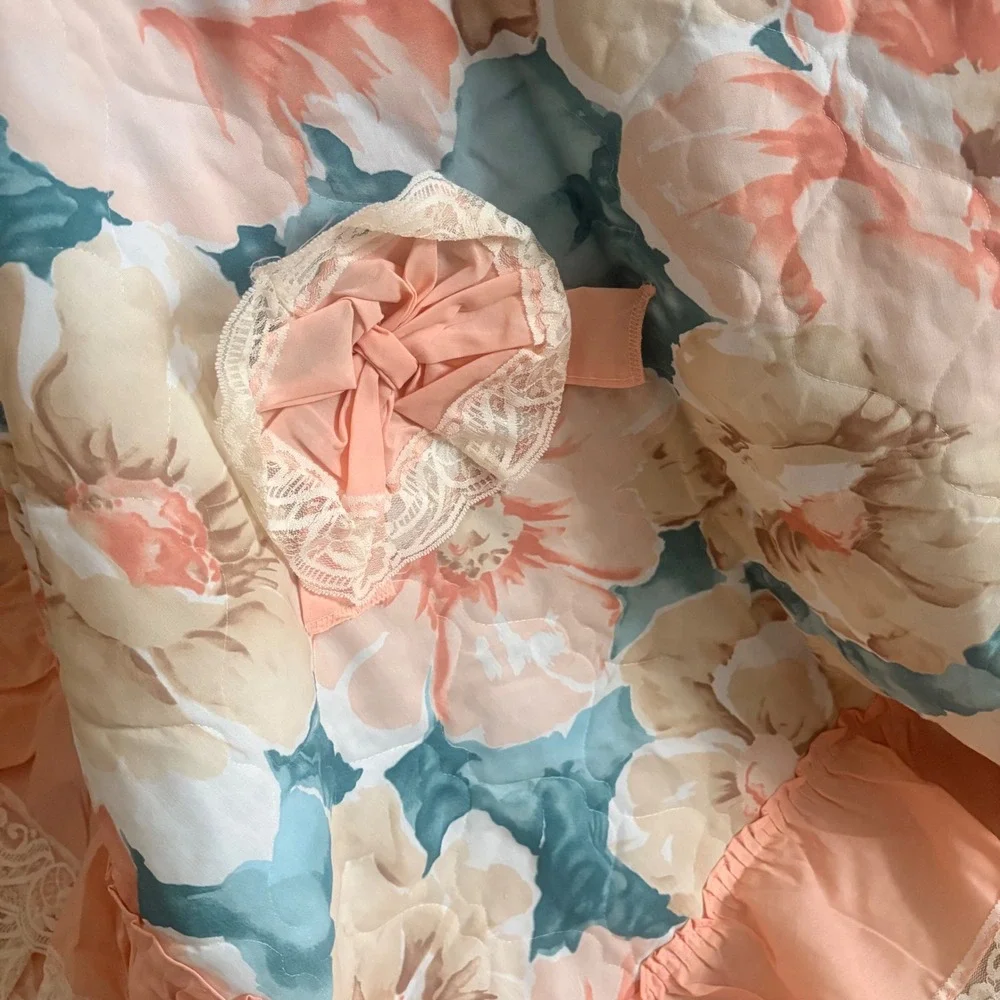 Vintage 80s Oxford Drapery Floral Ruffled King Bedspread Lace Trim 3pc Set